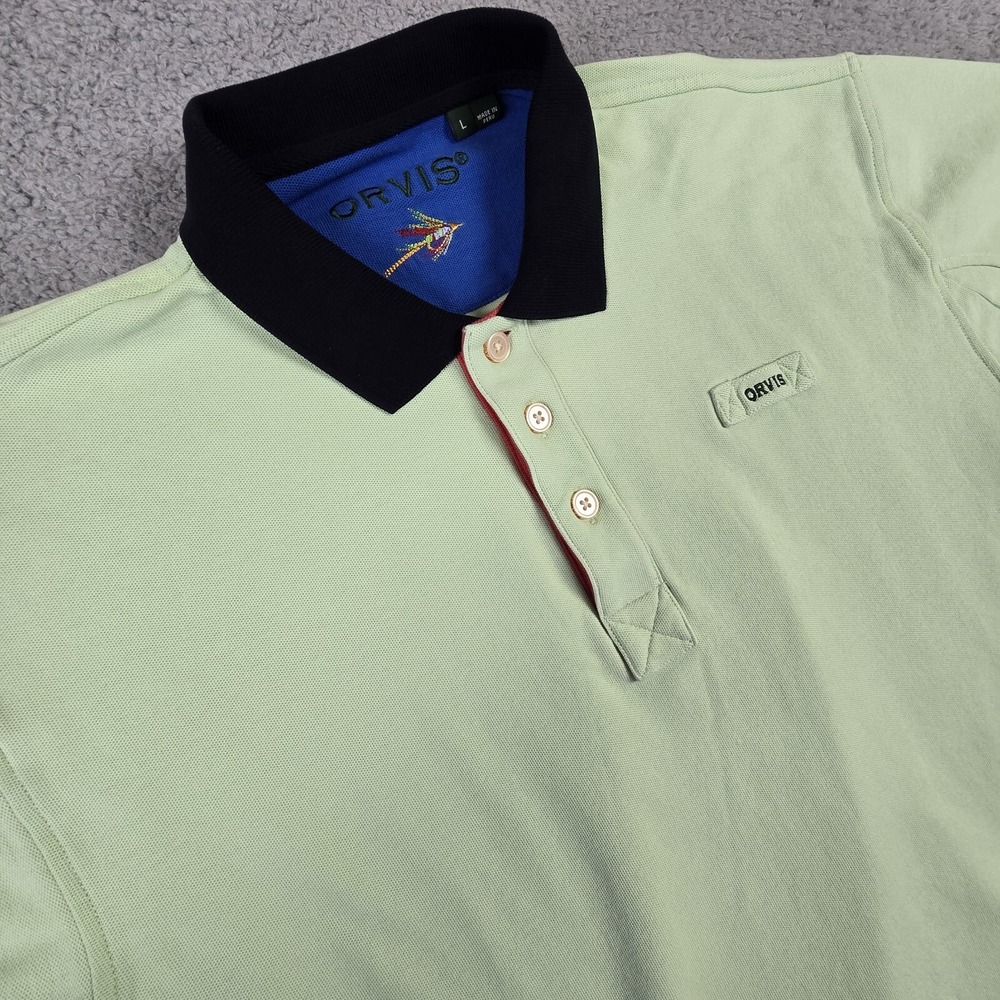 Orvis Signature Fly Fishing Polo Shirt Green Mens Large Heavy Cotton Knit